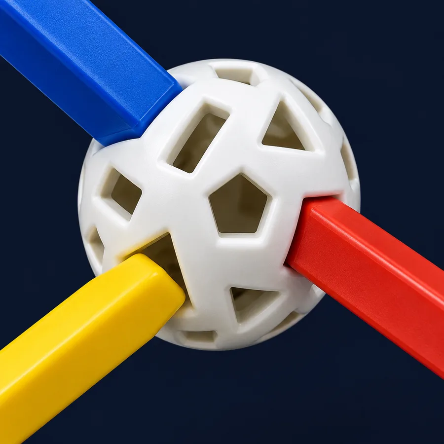 Close-up of a white Zometool connector ball with blue, yellow and red struts plugged in