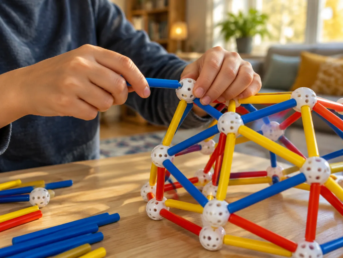 A child's hands snapping a blue strut into a white connector ball while building a dome